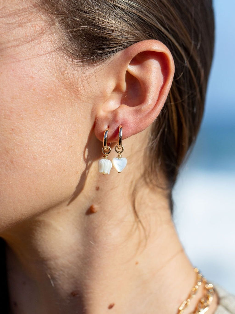 Earrings - Mother of Pearl and Gold Flower Lei Charm Huggie Hoop Earrings - Lei - Ke Aloha Jewelry