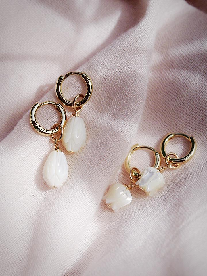 Earrings - Mother of Pearl and Gold Flower Lei Charm Huggie Hoop Earrings - Lei - ke aloha jewelry