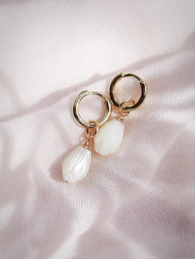 Earrings - Mother of Pearl and Gold Flower Lei Charm Huggie Hoop Earrings - Lei - ke aloha jewelry