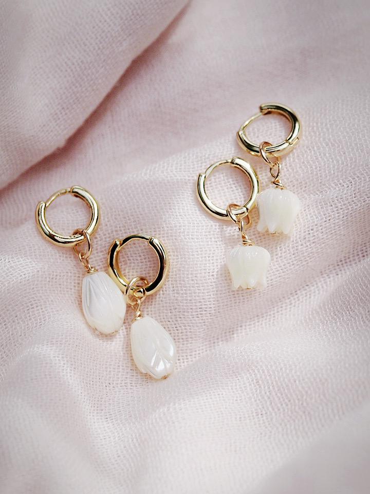 Earrings - Mother of Pearl and Gold Flower Lei Charm Huggie Hoop Earrings - Lei - ke aloha jewelry