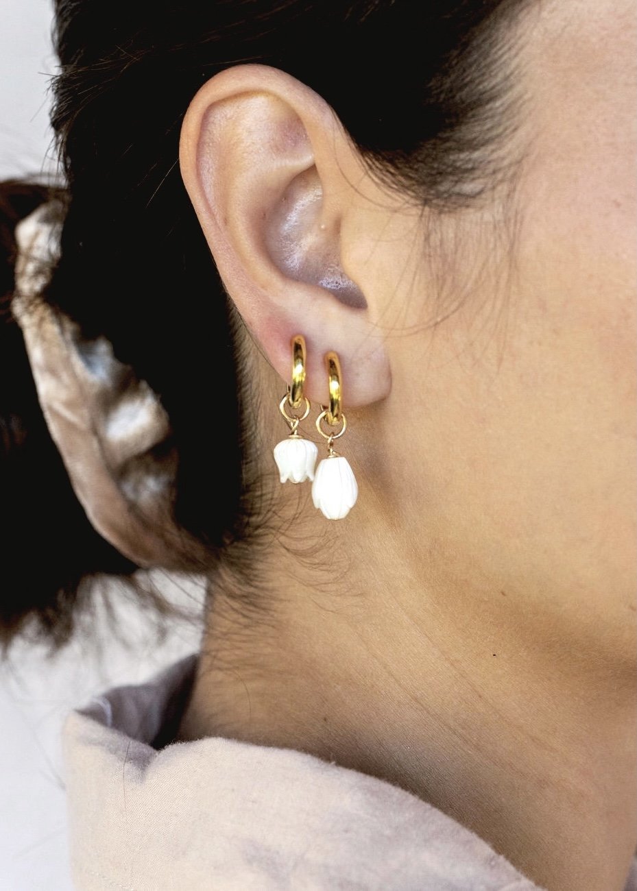 Earrings - Mother of Pearl and Gold Flower Lei Charm Huggie Hoop Earrings - Lei - ke aloha jewelry