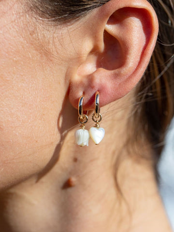 Earrings - Mother of Pearl and Gold Heart Charm Huggie Hoop Earrings - Kuuipo - Ke Aloha Jewelry
