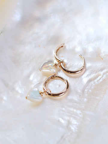 Earrings - Mother of Pearl and Gold Heart Charm Huggie Hoop Earrings - Kuuipo - Ke Aloha Jewelry