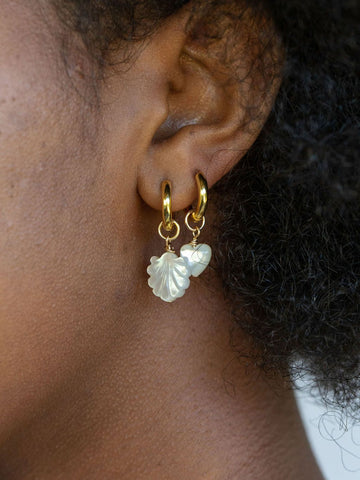 Earrings - Mother of Pearl and Gold Heart Charm Huggie Hoop Earrings - Kuuipo - ke aloha jewelry