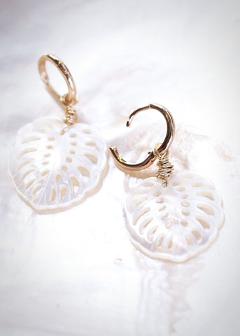 Earrings - Mother of Pearl and Gold Monstera Charm Huggie Hoop Earrings - Hula - Ke Aloha Jewelry