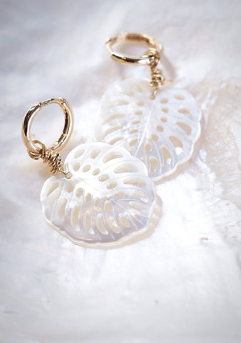 Earrings - Mother of Pearl and Gold Monstera Charm Huggie Hoop Earrings - Hula - Ke Aloha Jewelry