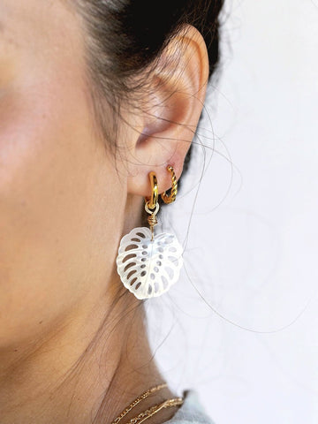 Earrings - Mother of Pearl and Gold Monstera Charm Huggie Hoop Earrings - Hula - ke aloha jewelry
