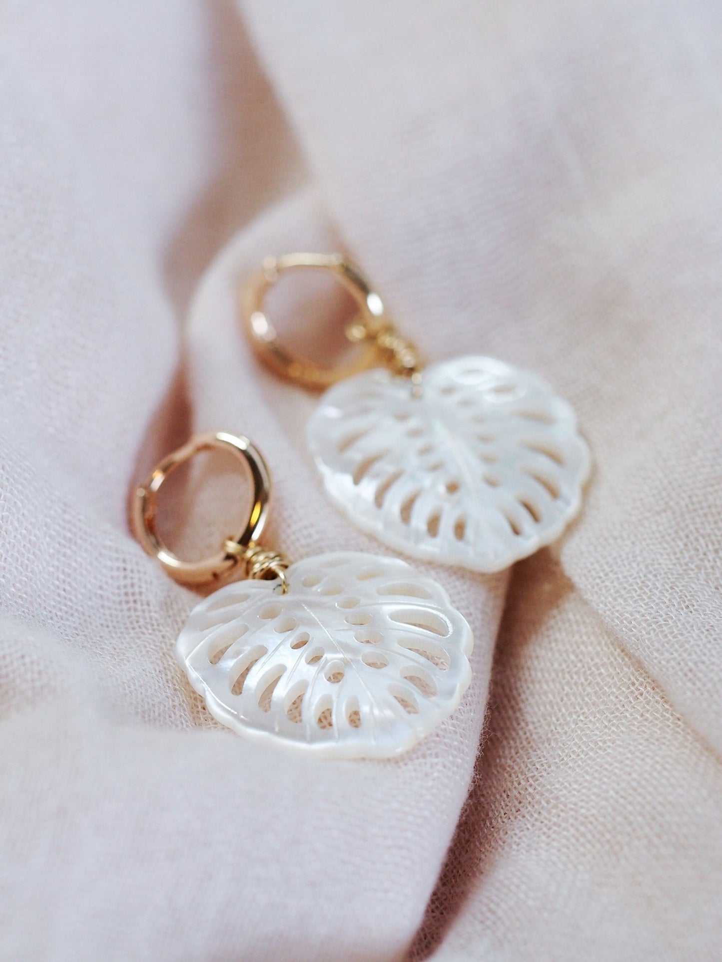 Earrings - Mother of Pearl and Gold Monstera Charm Huggie Hoop Earrings - Hula - Ke Aloha Jewelry