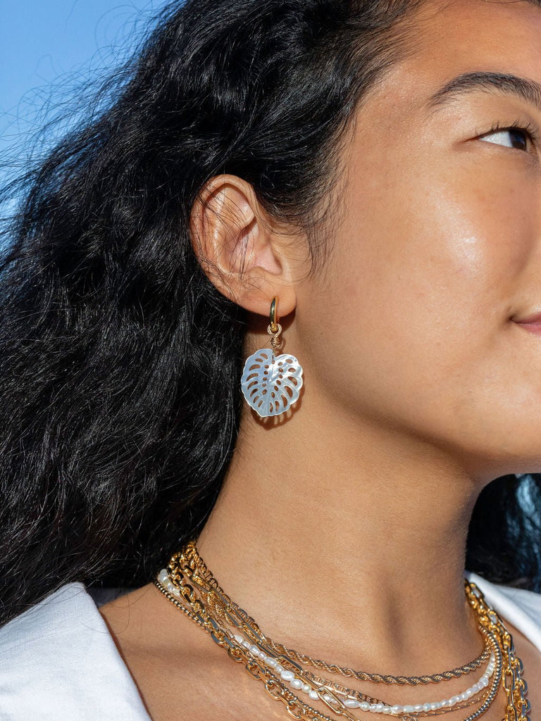 Earrings - Mother of Pearl and Gold Monstera Charm Huggie Hoop Earrings - Hula - ke aloha jewelry