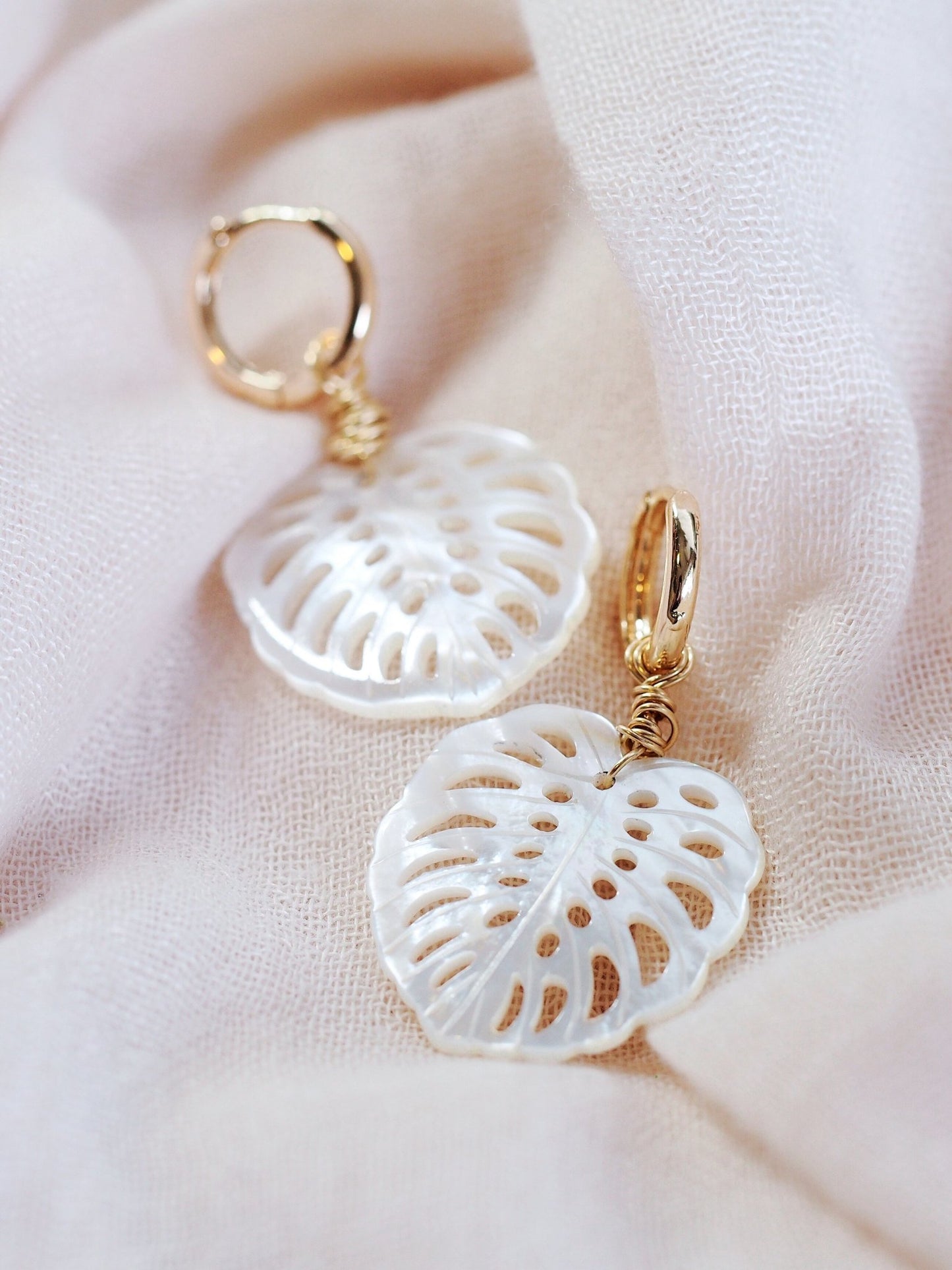 Earrings - Mother of Pearl and Gold Monstera Charm Huggie Hoop Earrings - Hula - Ke Aloha Jewelry