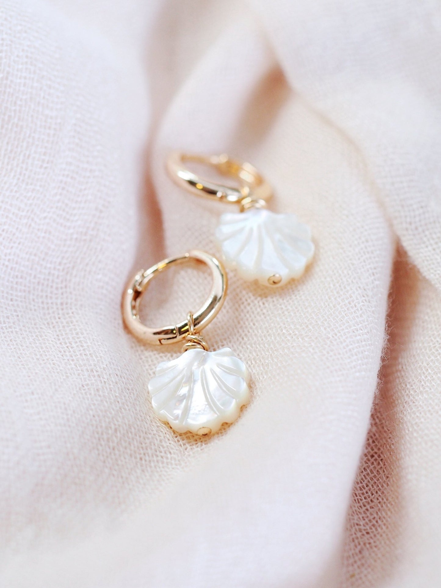 Earrings - Mother of Pearl and Gold Shell Charm Huggie Hoop Earrings - Lanikai - Ke Aloha Jewelry