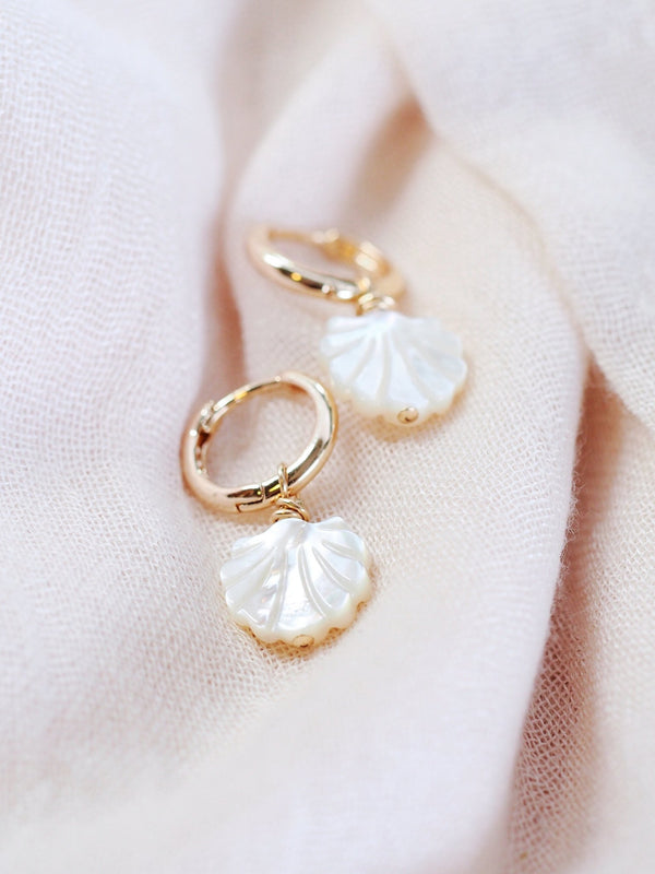 Earrings - Mother of Pearl and Gold Shell Charm Huggie Hoop Earrings - Lanikai - Ke Aloha Jewelry