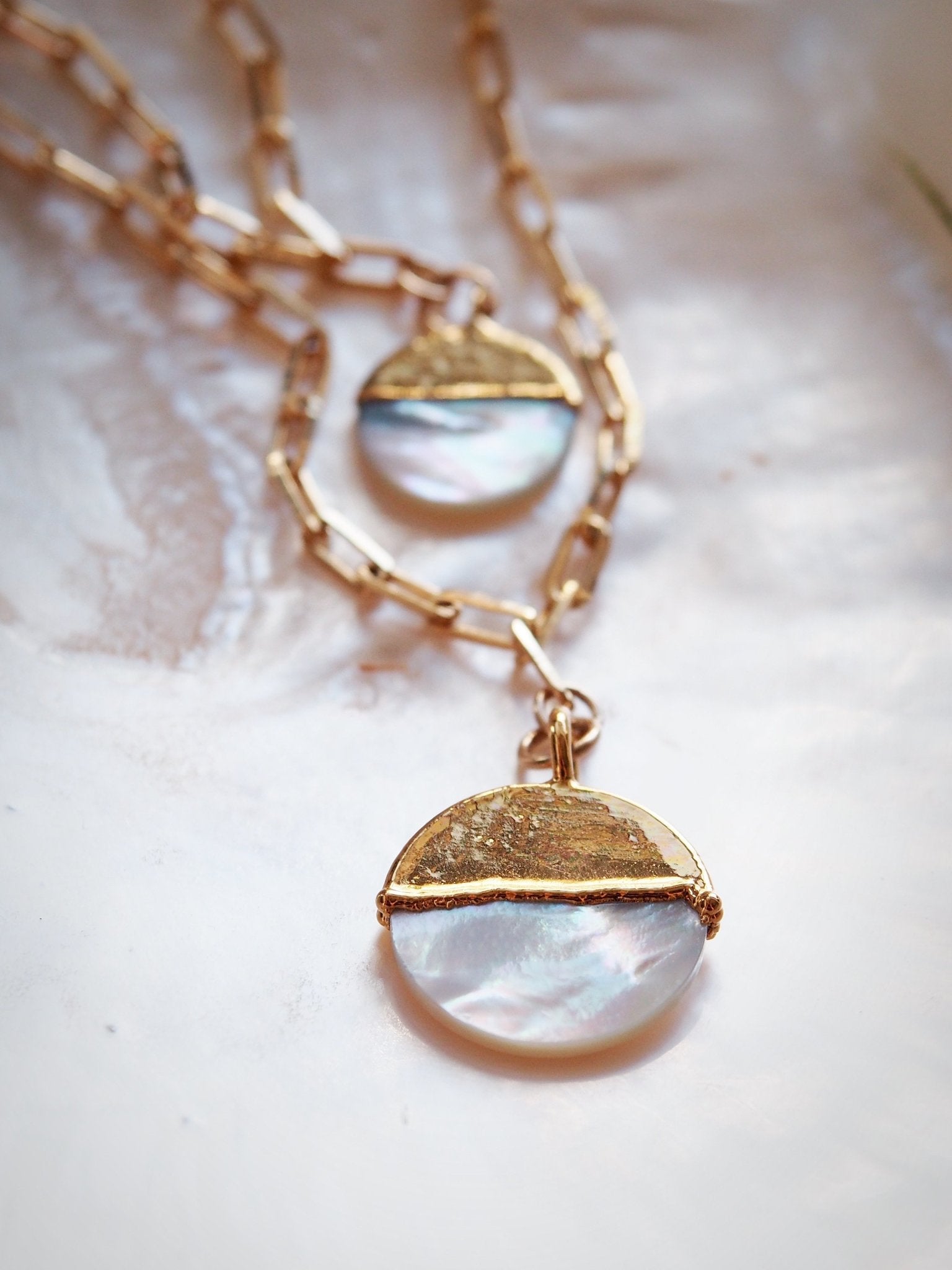 Gold Necklace - Mother of Pearl Gold Filled Coin Charm Necklace - Leimomi - Ke Aloha Jewelry