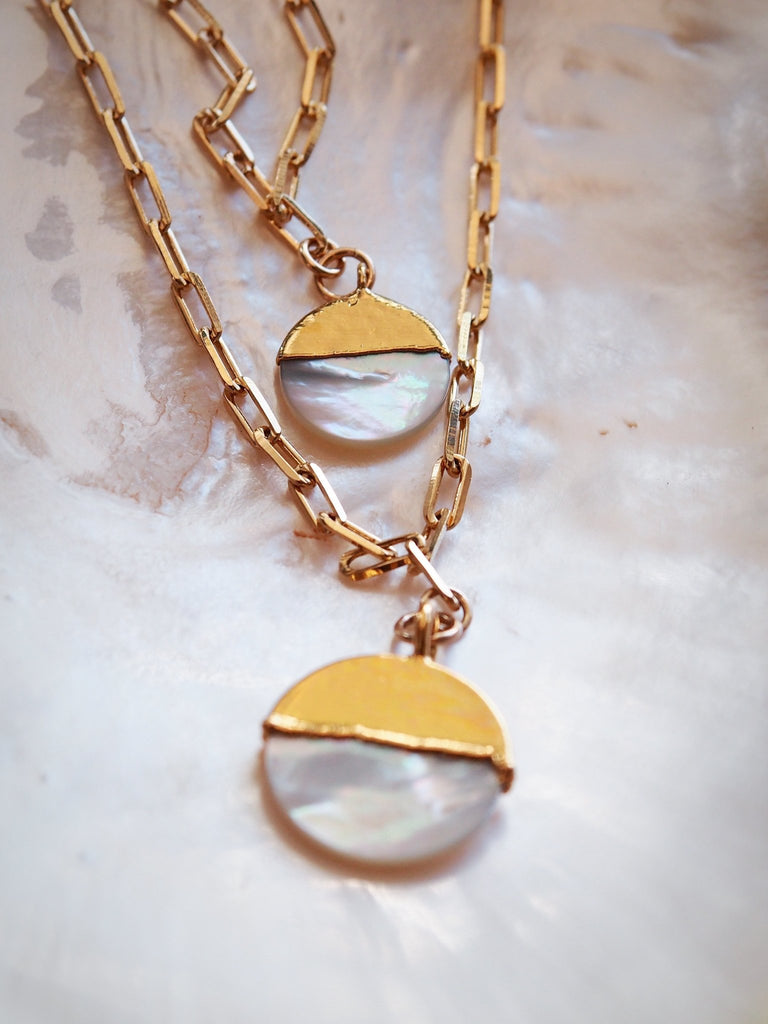 Gold Necklace - Mother of Pearl Gold Filled Coin Charm Necklace - Leimomi - Ke Aloha Jewelry