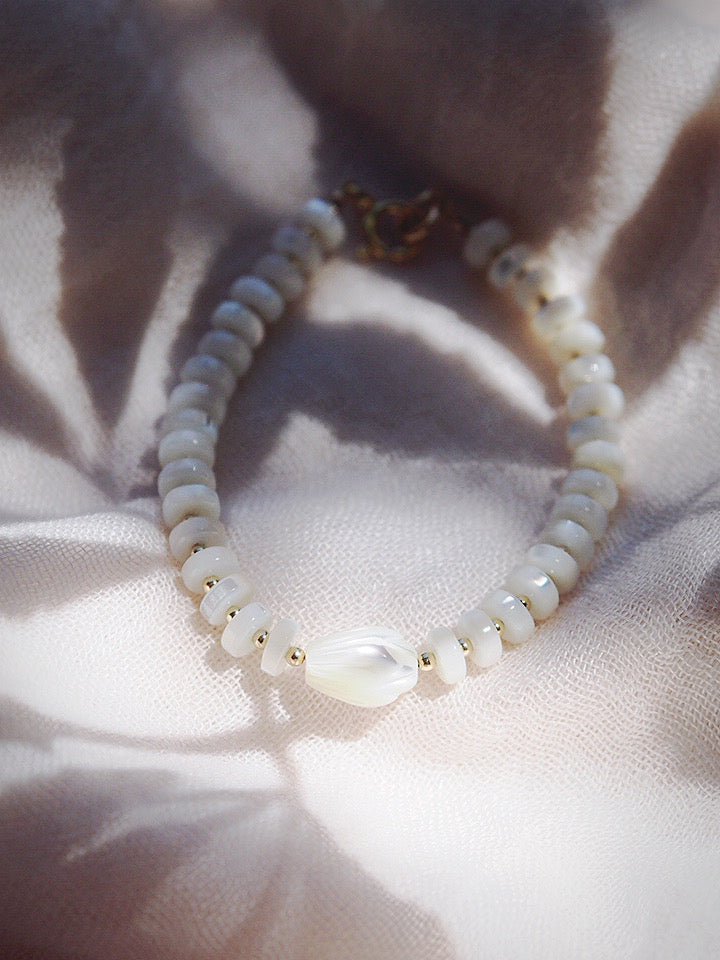 Gold Necklace - Mother of Pearl Pikake Bracelet - Mauloa - ke aloha jewelry