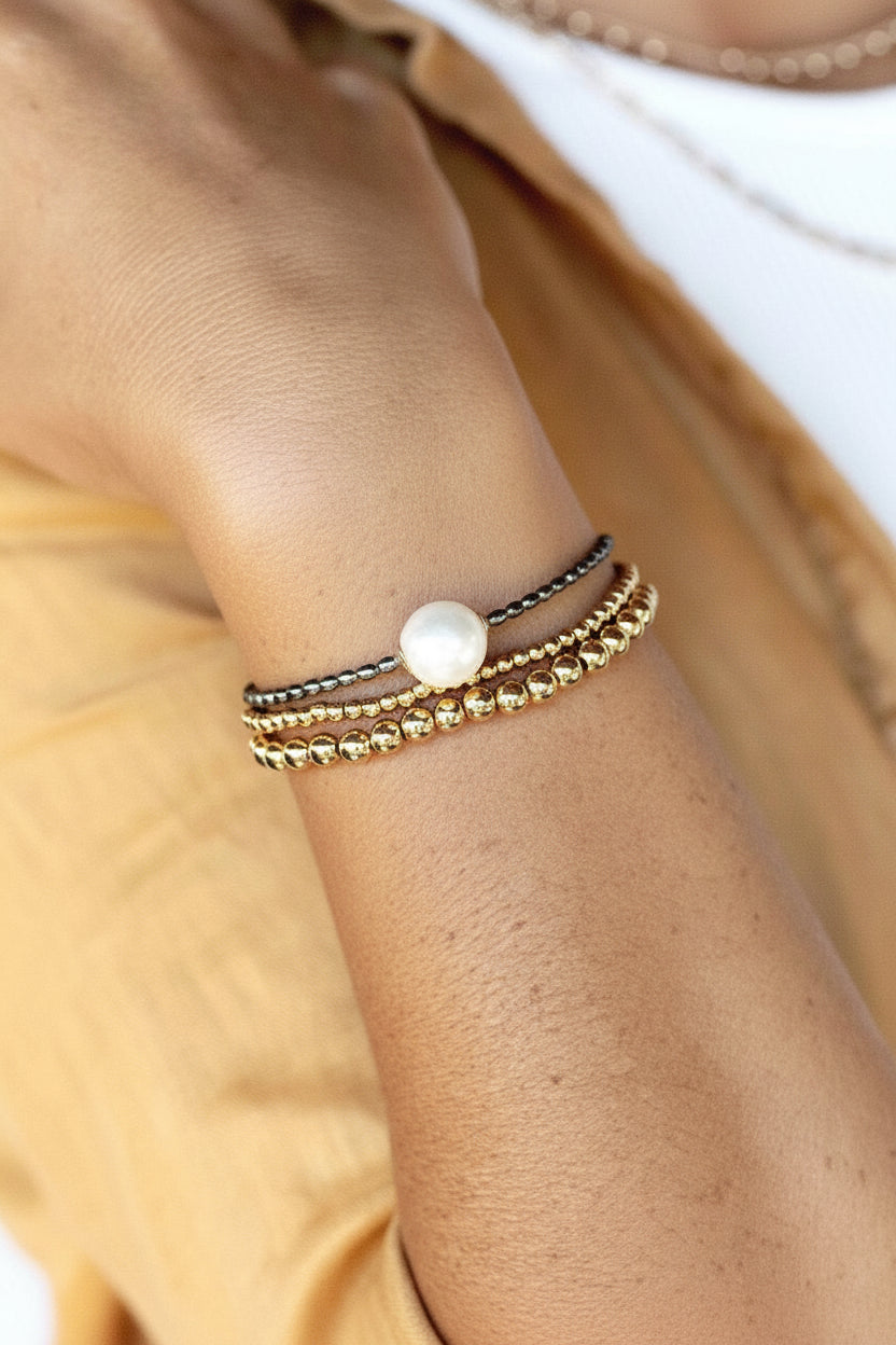 Gold Bracelet - Pearl and Gold Bead Bracelet Set - ke aloha jewelry