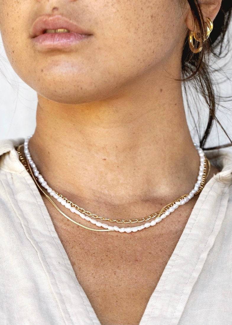 Gold Necklaces - Pearl & Gold Chain Layering Necklace Set - ke aloha jewelry