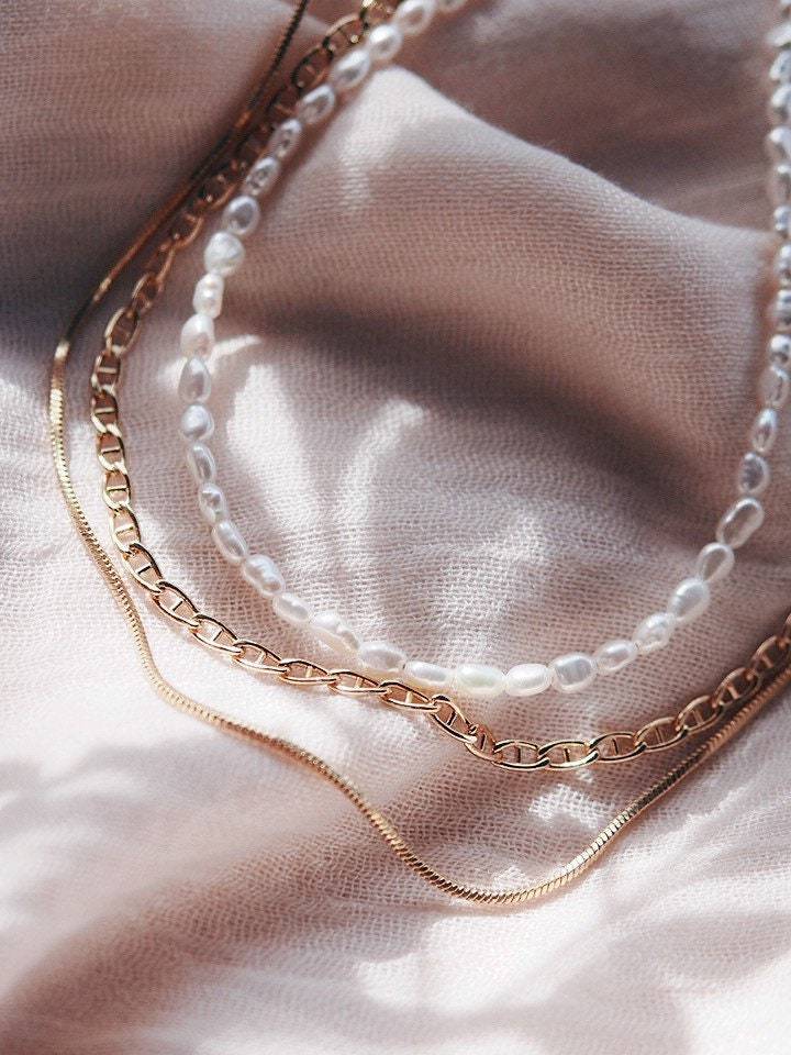 Gold Necklaces - Pearl & Gold Chain Layering Necklace Set - ke aloha jewelry
