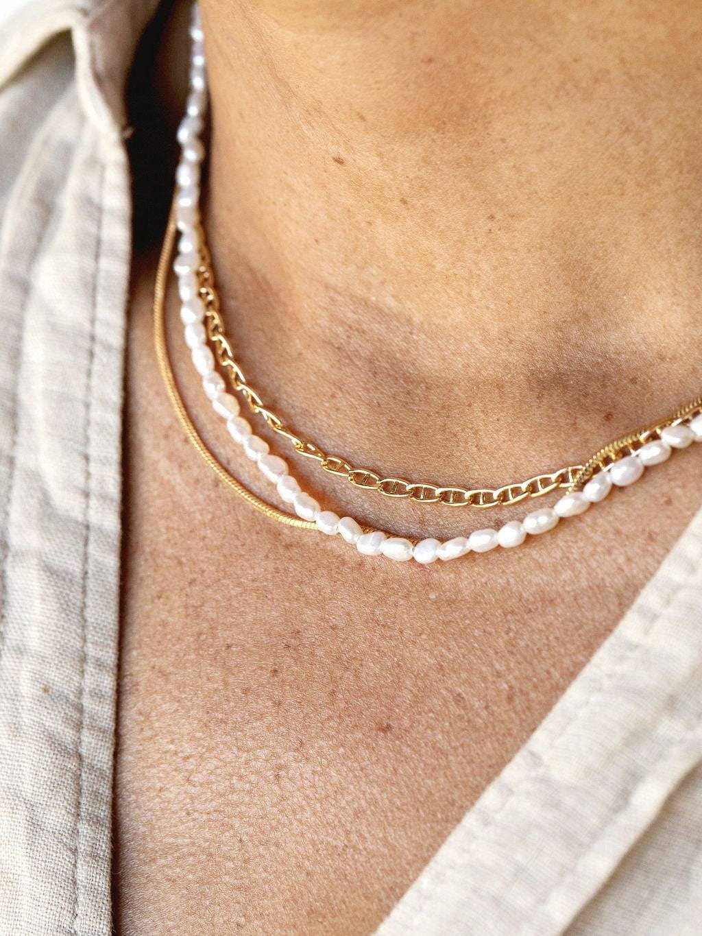 Gold Necklaces - Pearl & Gold Chain Layering Necklace Set - ke aloha jewelry