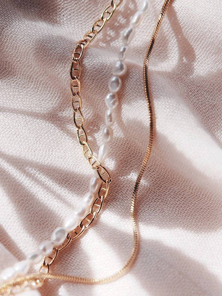 Gold Necklaces - Pearl & Gold Chain Layering Necklace Set - ke aloha jewelry