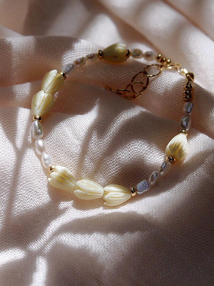 Gold Bracelet - Pearl Pikake Flower Bead Bracelet - Mele - ke aloha jewelry