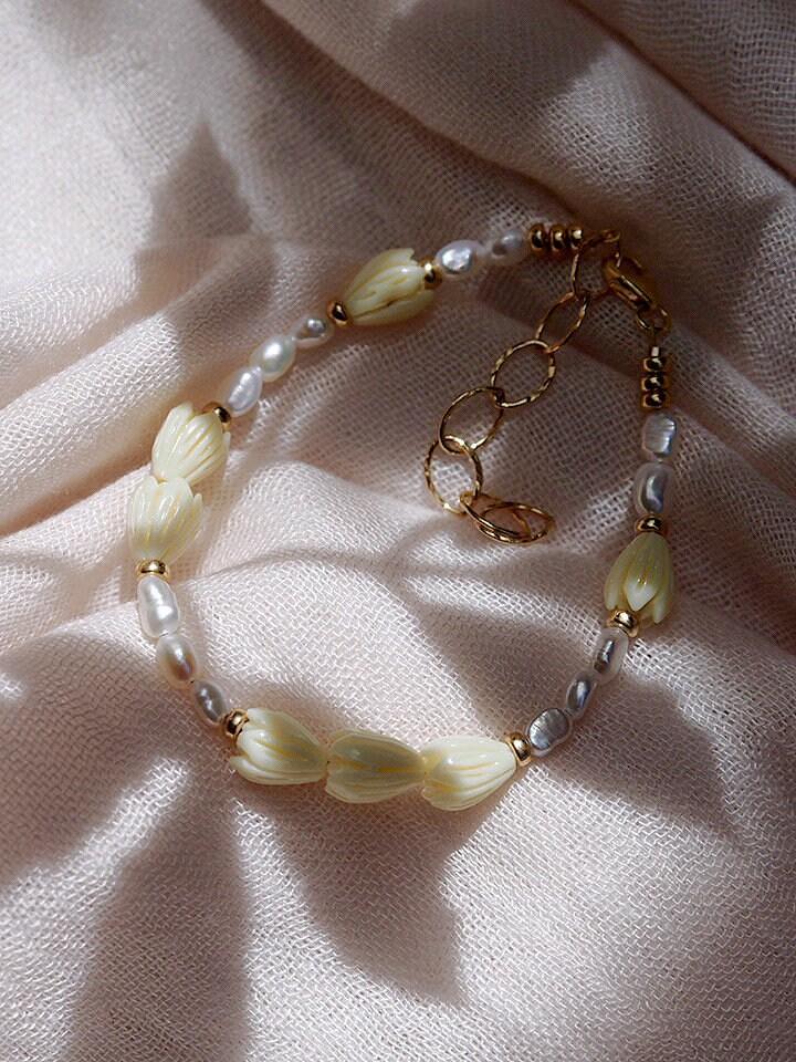 Gold Bracelet - Pearl Pikake Flower Bead Bracelet - Mele - ke aloha jewelry
