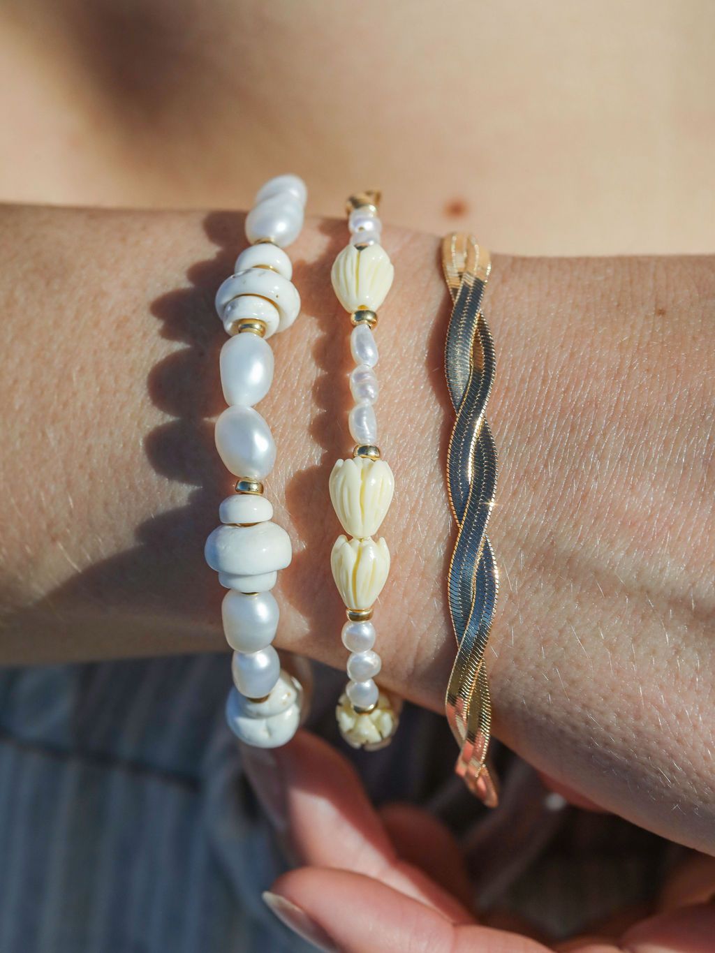 Gold Bracelet - Pearl Pikake Flower Bead Bracelet - Mele - ke aloha jewelry