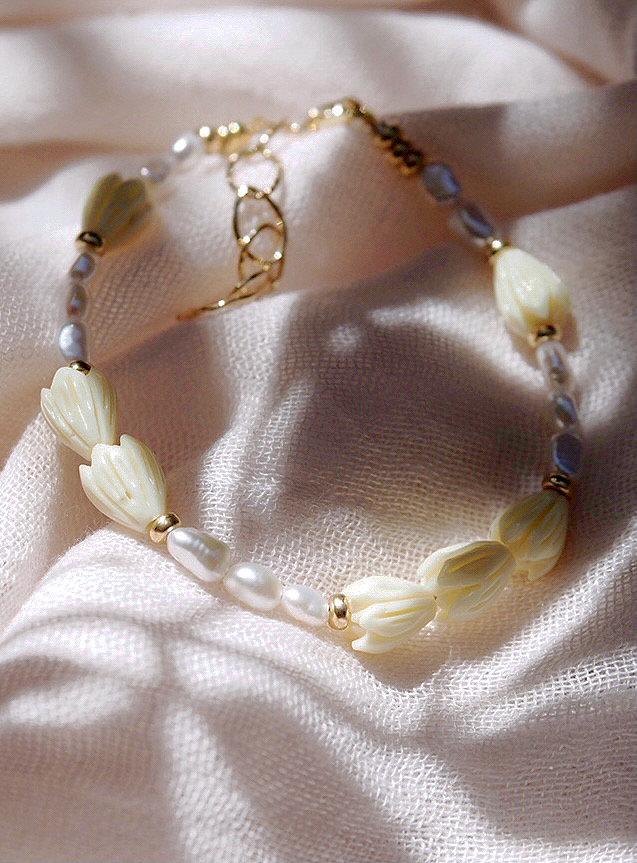 Gold Bracelet - Pearl Pikake Flower Bead Bracelet - Mele - ke aloha jewelry