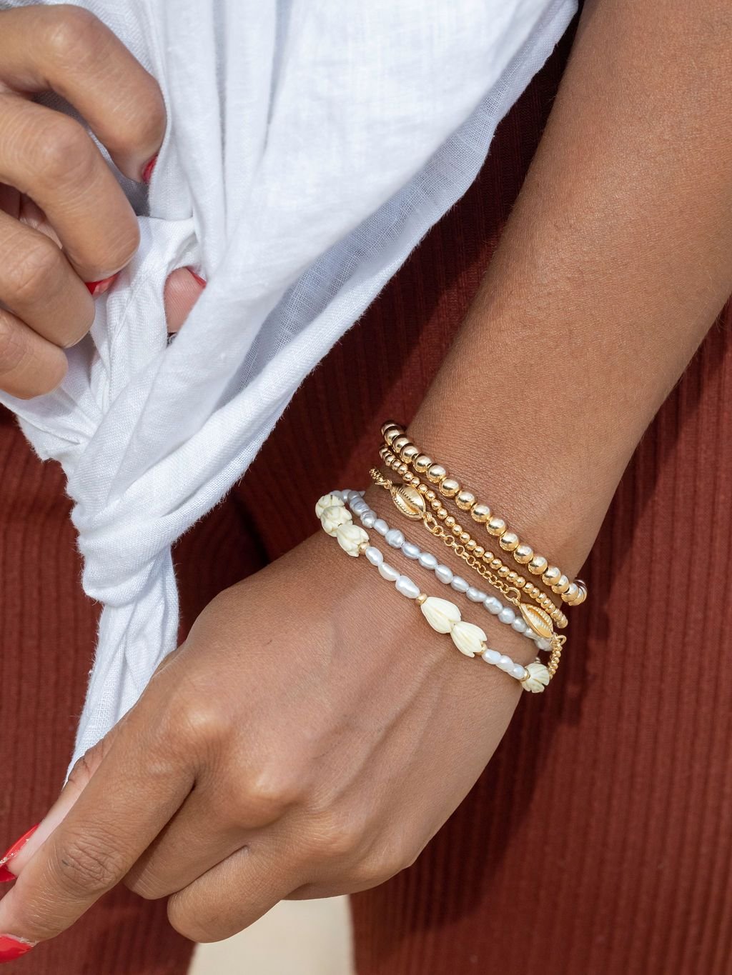 Gold Bracelet - Pearl Pikake Flower Bead Bracelet - Mele - ke aloha jewelry