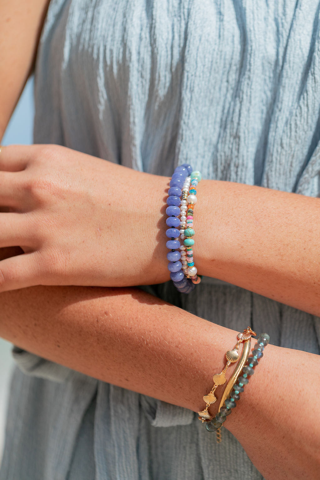 Dainty Gold and Pearl Stretchy Bracelet - Ailana
