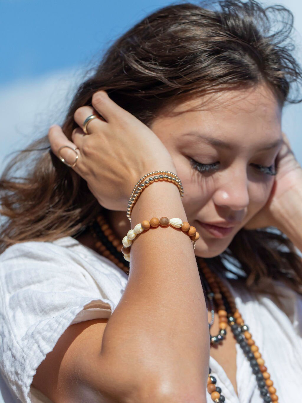 Gold Bracelet - Sandalwood Pikake Flower Bead Bracelet - Hakumele - ke aloha jewelry