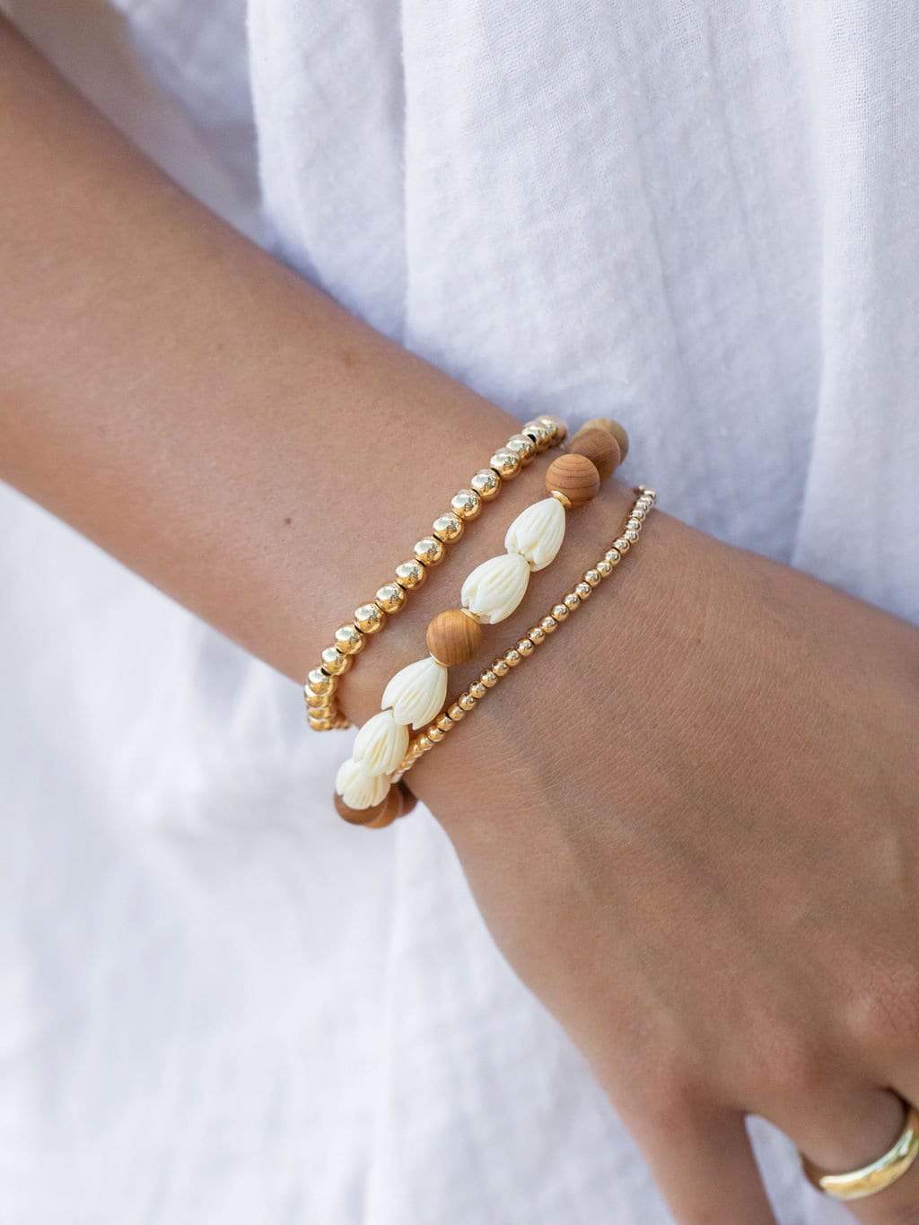 Gold Bracelet - Sandalwood Pikake Flower Bead Bracelet - Hakumele - ke aloha jewelry