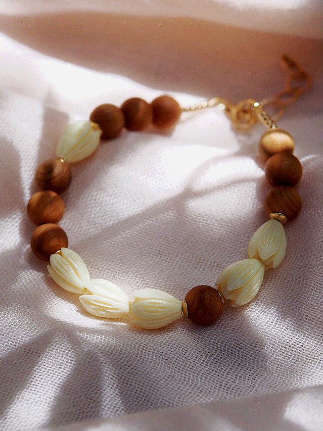 Gold Bracelet - Sandalwood Pikake Flower Bead Bracelet - Hakumele - ke aloha jewelry