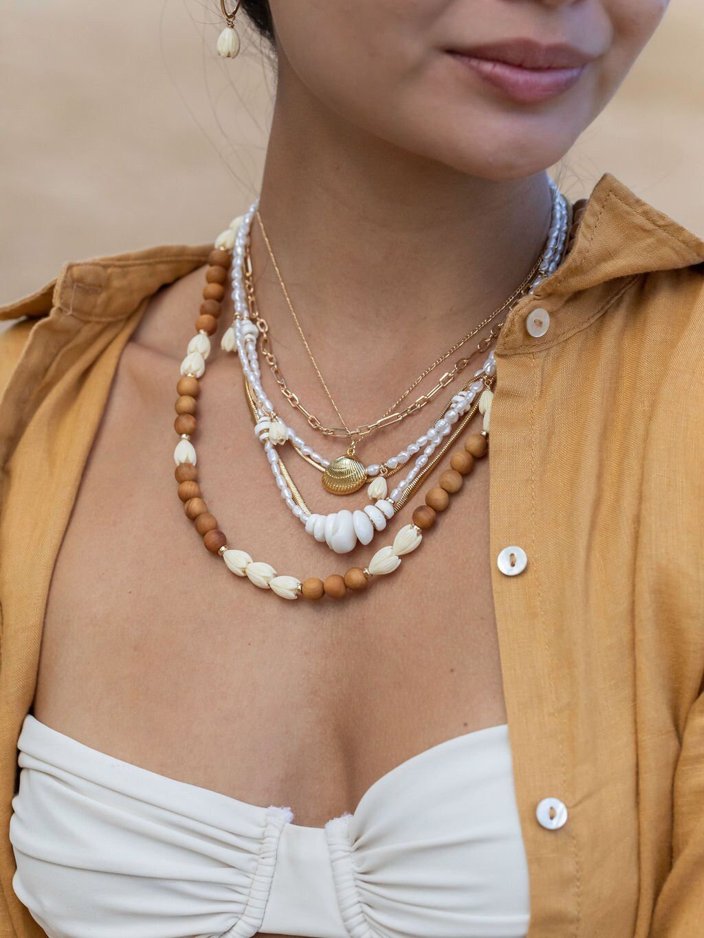 Gold Necklace - Sandalwood Pikake Flower Bead Necklace - Hakumele - ke aloha jewelry