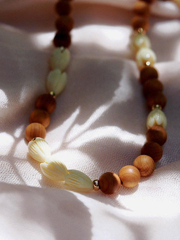 Gold Necklace - Sandalwood Pikake Flower Bead Necklace - Hakumele - ke aloha jewelry