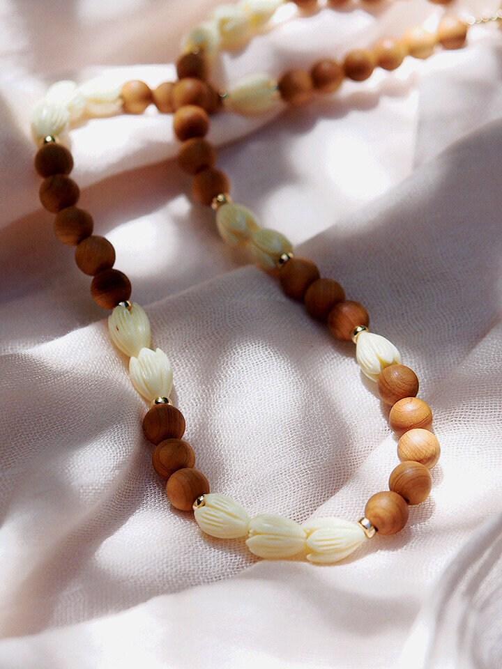 Gold Necklace - Sandalwood Pikake Flower Bead Necklace - Hakumele - ke aloha jewelry