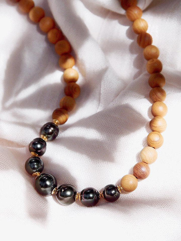 Gold Necklace - Seven Tahitian Pearl Sandalwood Bead Necklace - Moana - ke aloha jewelry
