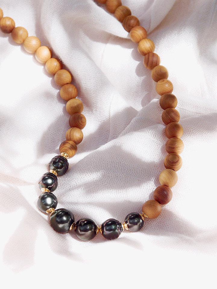 Gold Necklace - Seven Tahitian Pearl Sandalwood Bead Necklace - Moana - ke aloha jewelry