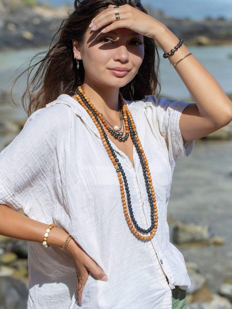 Gold Necklace - Seven Tahitian Pearl Sandalwood Bead Necklace - Moana - ke aloha jewelry
