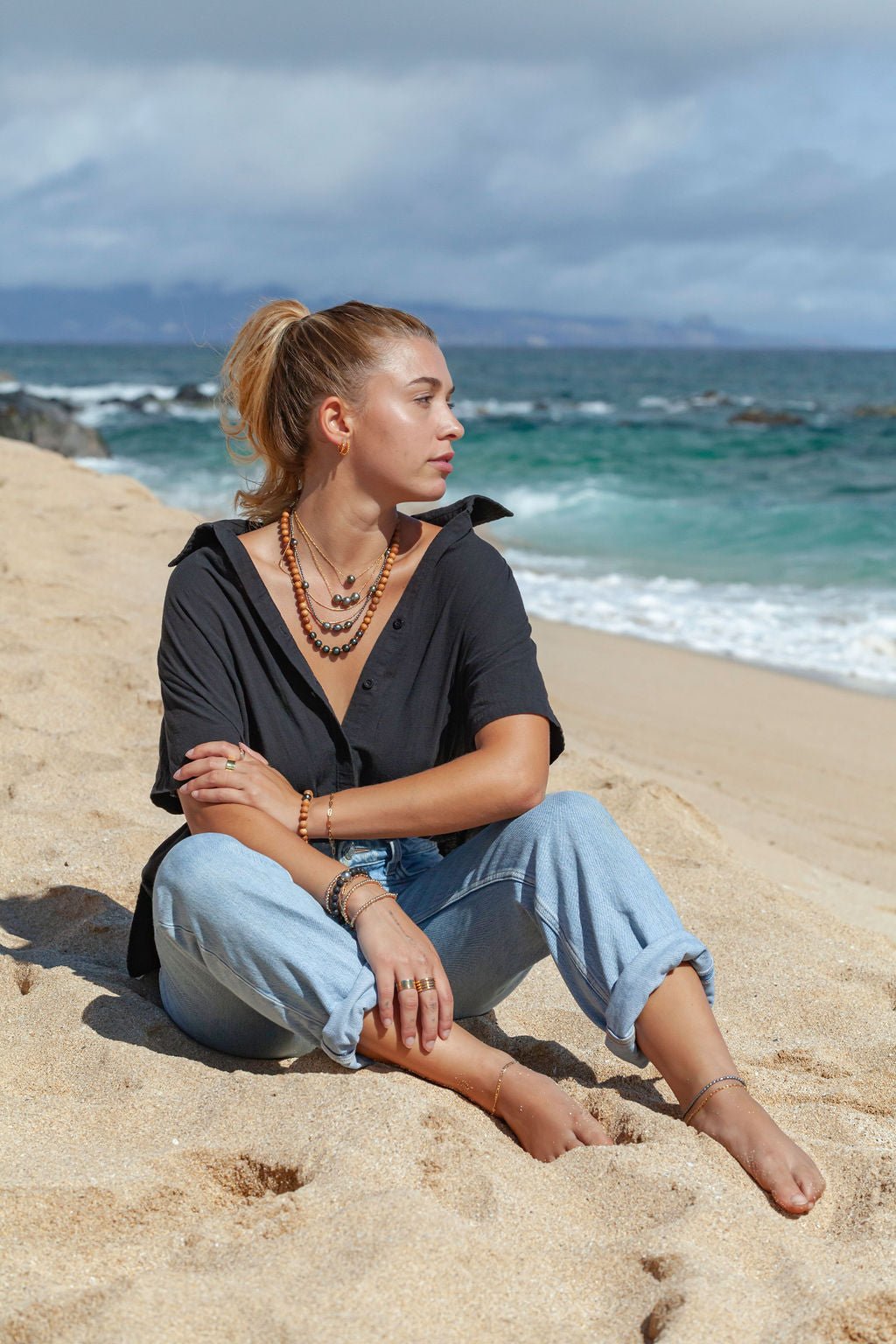 Gold Necklace - Seven Tahitian Pearl Sandalwood Bead Necklace - Moana - ke aloha jewelry