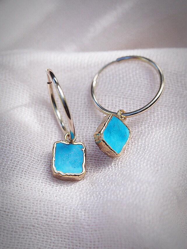 Earrings - Small Blue Turquoise Hoop Earrings - ke aloha jewelry