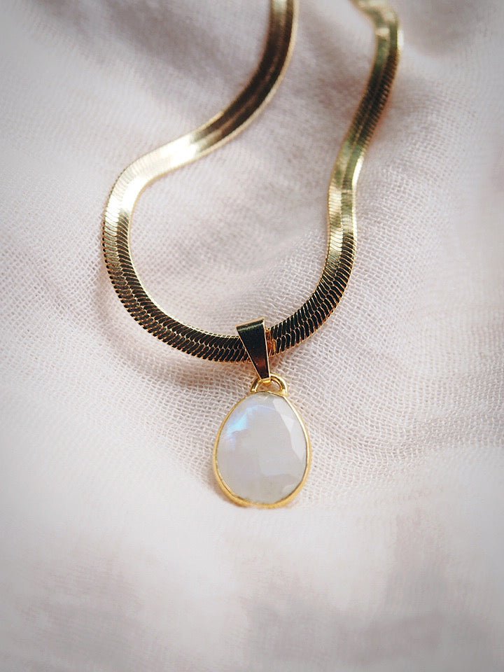 Gold Necklace - Statement Rainbow Moonstone Necklace - Konane - ke aloha jewelry