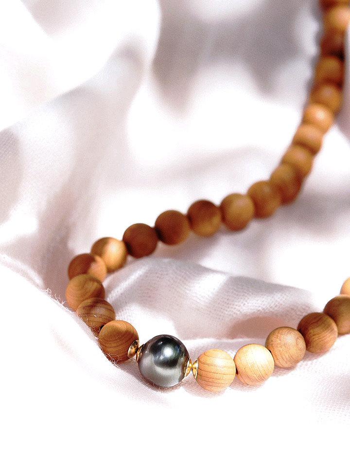 Gold Necklace - Tahitian Pearl Sandalwood Bead Necklace - Roselani - ke aloha jewelry