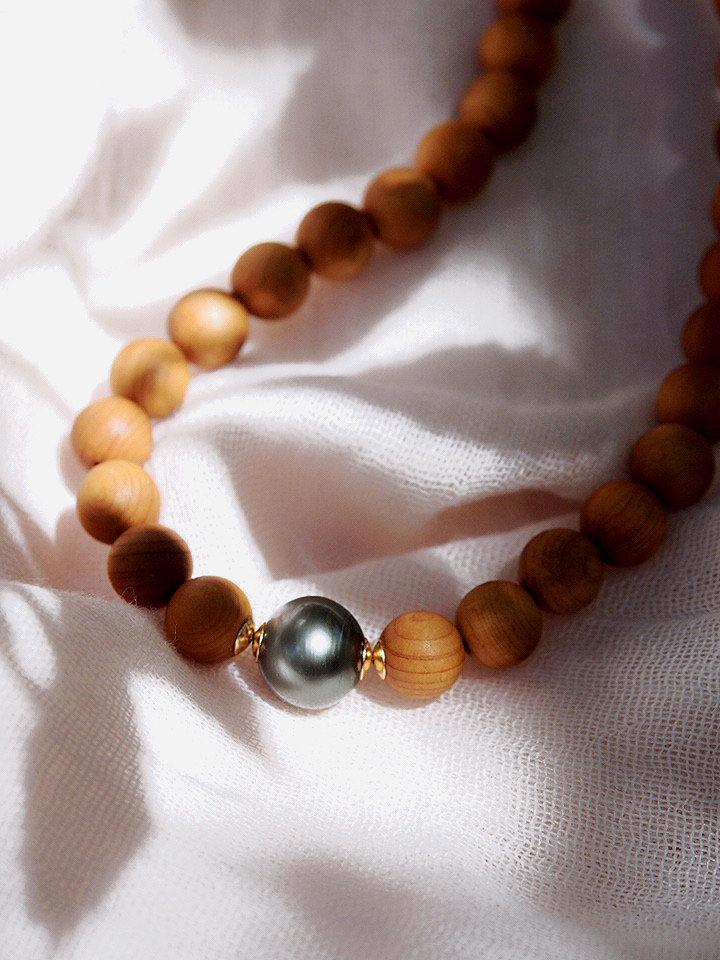 Gold Necklace - Tahitian Pearl Sandalwood Bead Necklace - Roselani - ke aloha jewelry