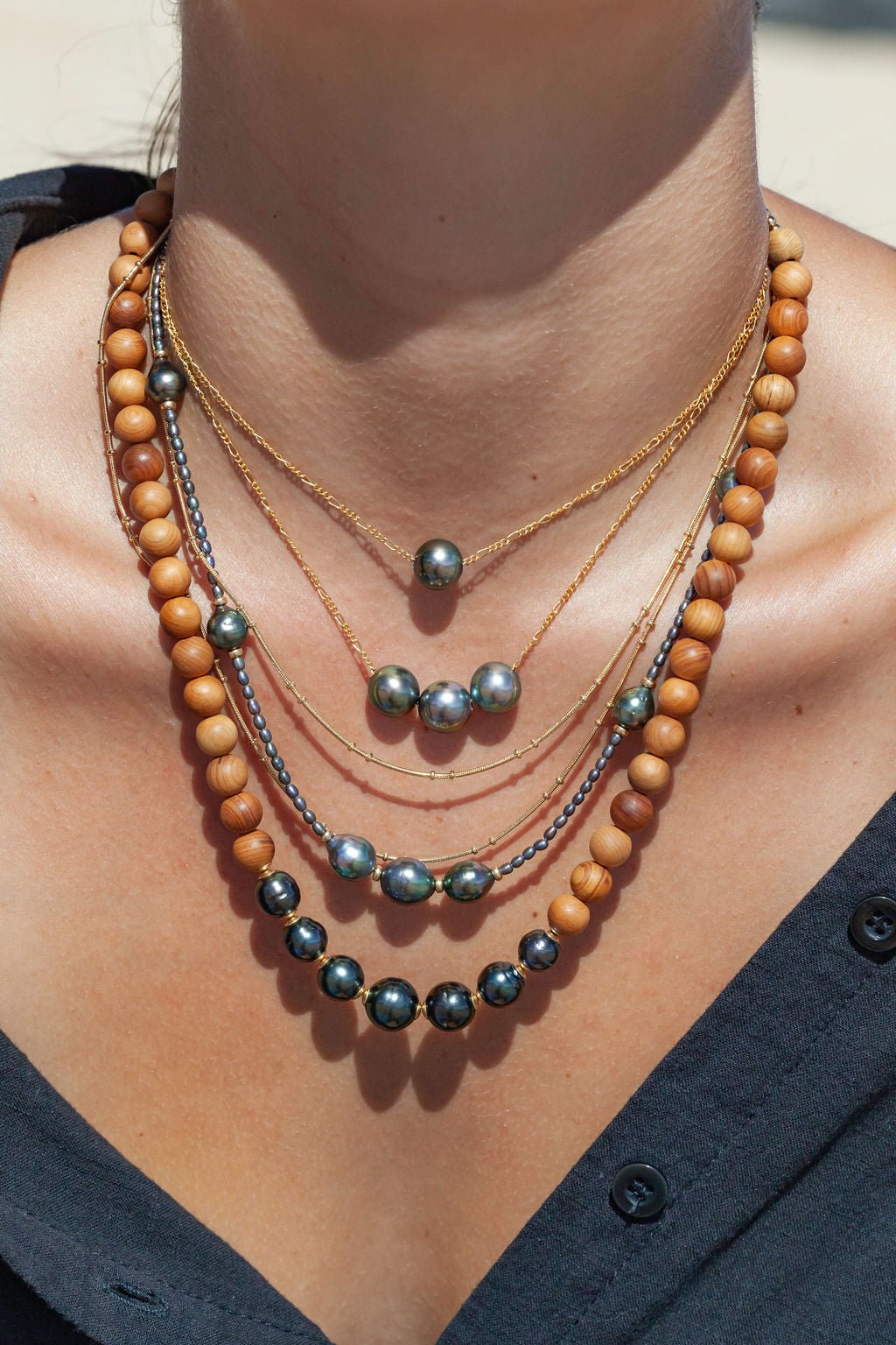 Gold Necklace - Triple Floating Tahitian Pearl Necklace - Mililani - ke aloha jewelry