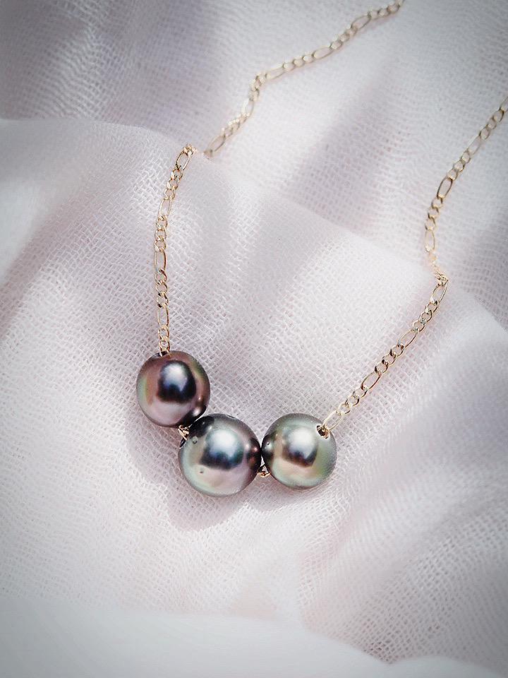 Gold Necklace - Triple Floating Tahitian Pearl Necklace - Mililani - ke aloha jewelry