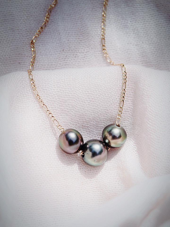 Gold Necklace - Triple Floating Tahitian Pearl Necklace - Mililani - ke aloha jewelry