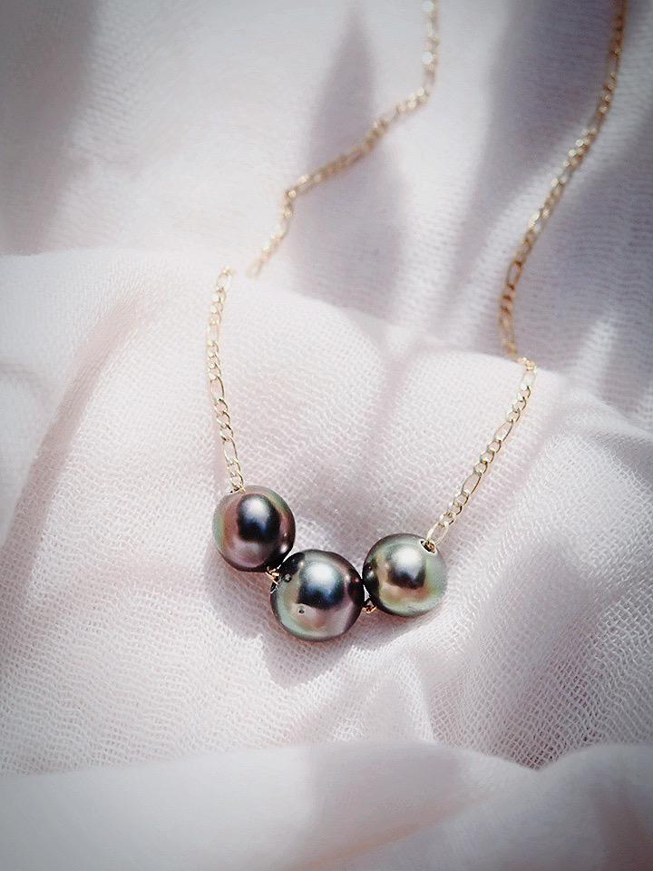 Gold Necklace - Triple Floating Tahitian Pearl Necklace - Mililani - ke aloha jewelry