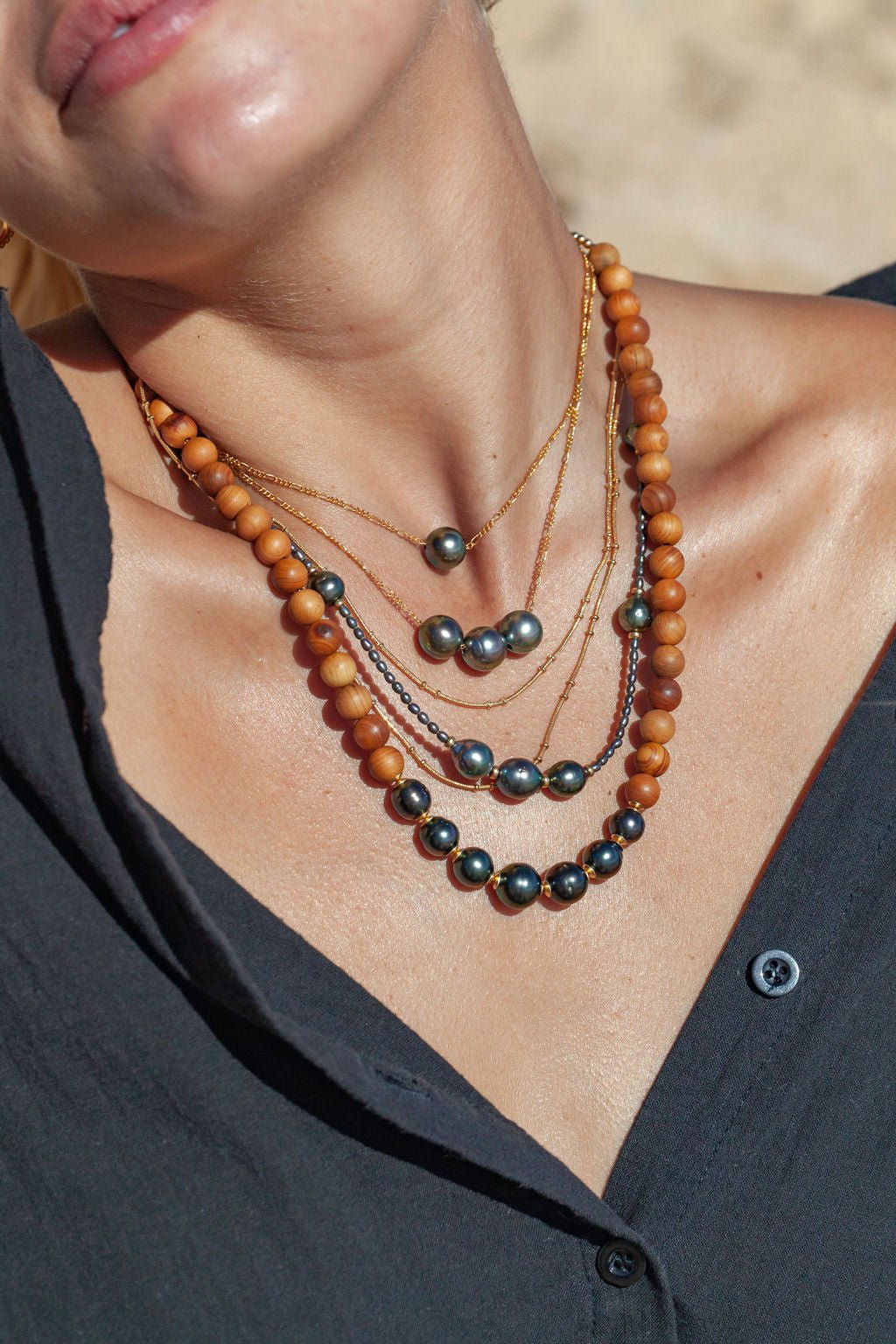 Gold Necklace - Triple Floating Tahitian Pearl Necklace - Mililani - ke aloha jewelry