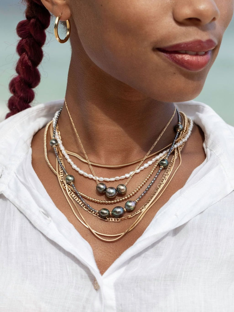 Gold Necklace - Triple Floating Tahitian Pearl Necklace - Mililani - ke aloha jewelry